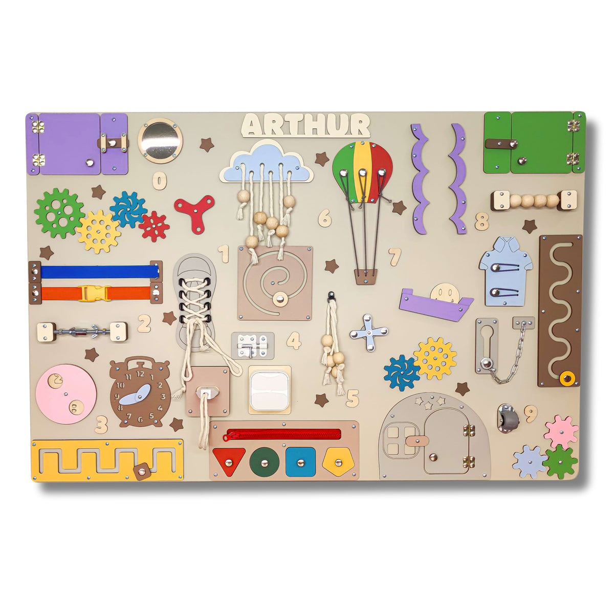 Busy Board in natural wood for Montessori room